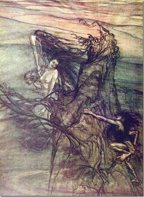 Not PC: Rhinemaidens pursued by Alberich - Arthur Rackham